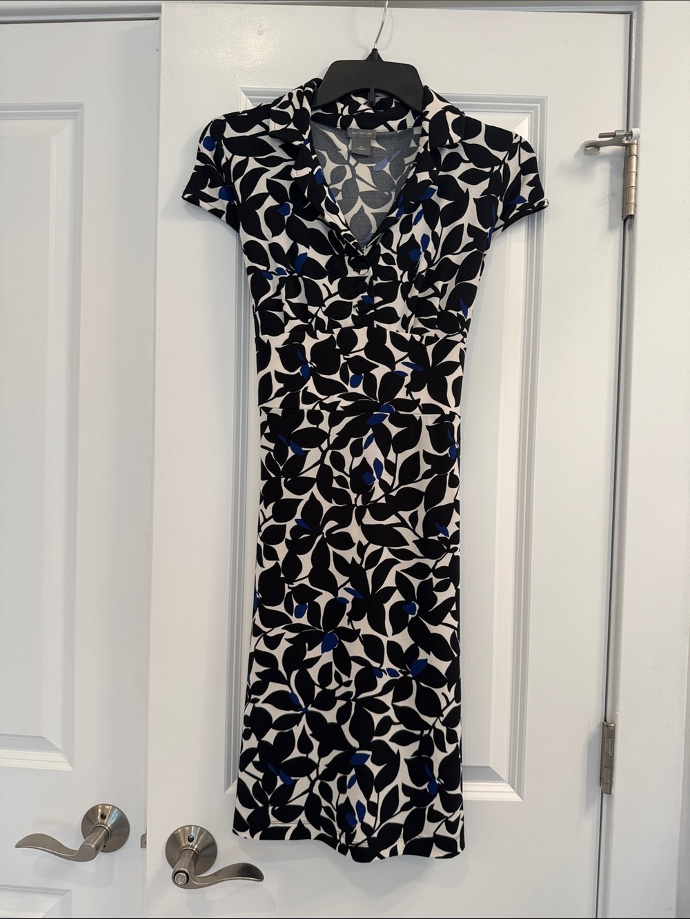Ann Taylor Classic Black & White Floral V-Neck Dress with Blue Accents